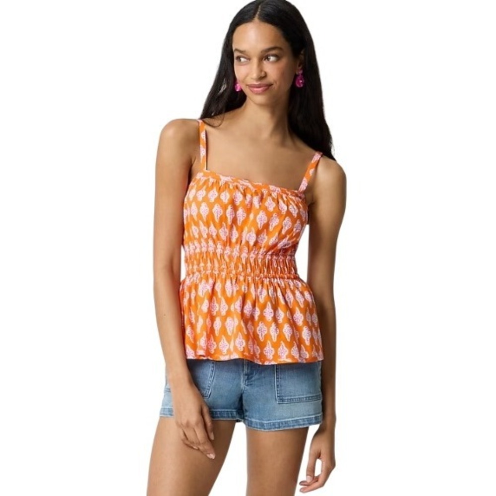 J. Crew Orange Tank Top Sleeveless Smocked Waist Floral Print Size 00 NWT $80